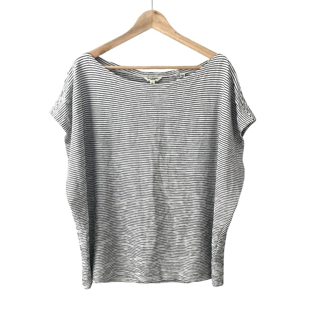 Max Studio Plus Striped Dash Cap Sleeve Blouse Black White 2X